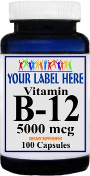 Private Label B-12 Vitamins 5000mcg 100caps or 200caps Private Label 12,100,500 Bottle Price
